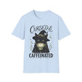 Halloween Cursed & Caffeinated T‑Shirt — Witch Cat Graphic Tee