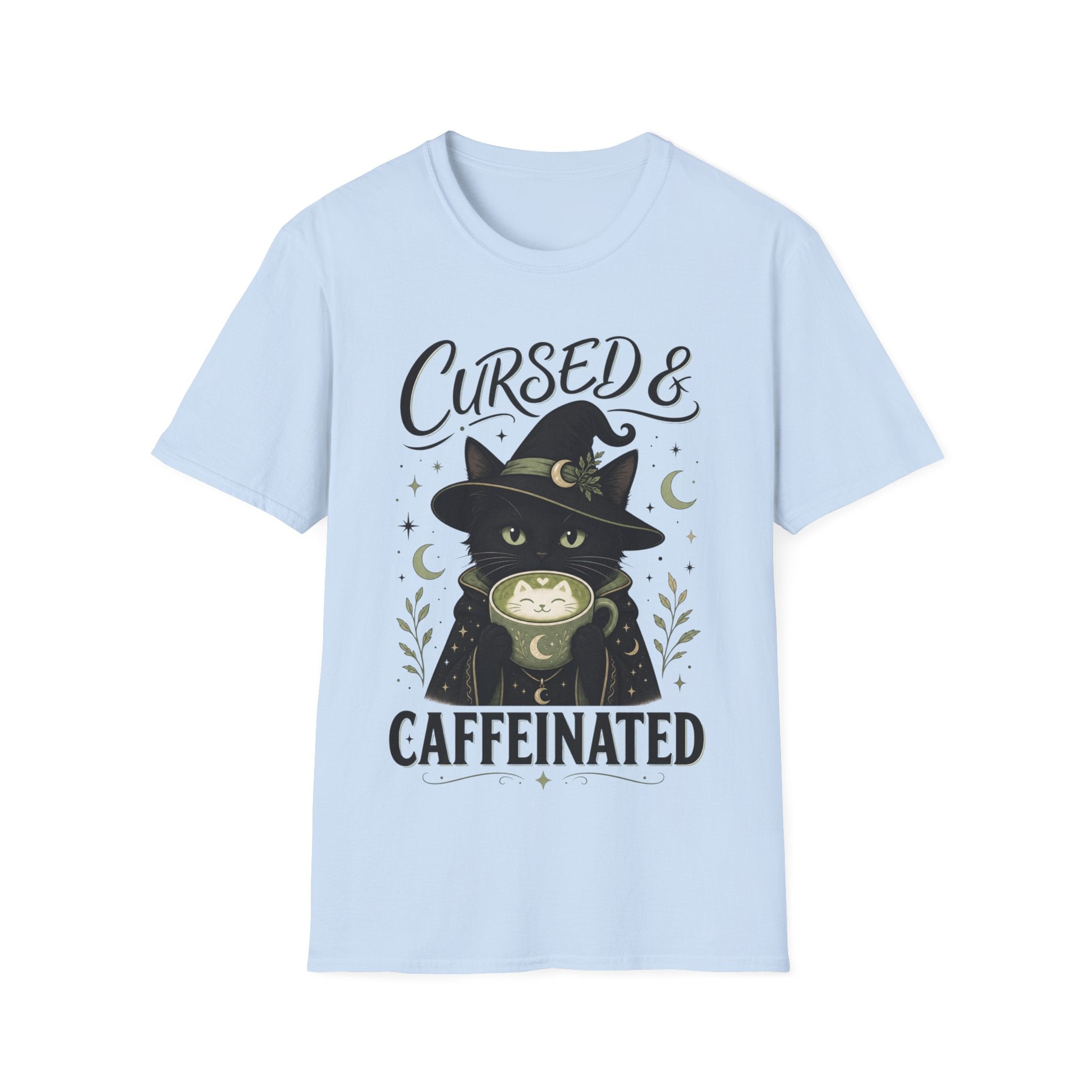 Halloween Cursed & Caffeinated T‑Shirt — Witch Cat Graphic Tee
