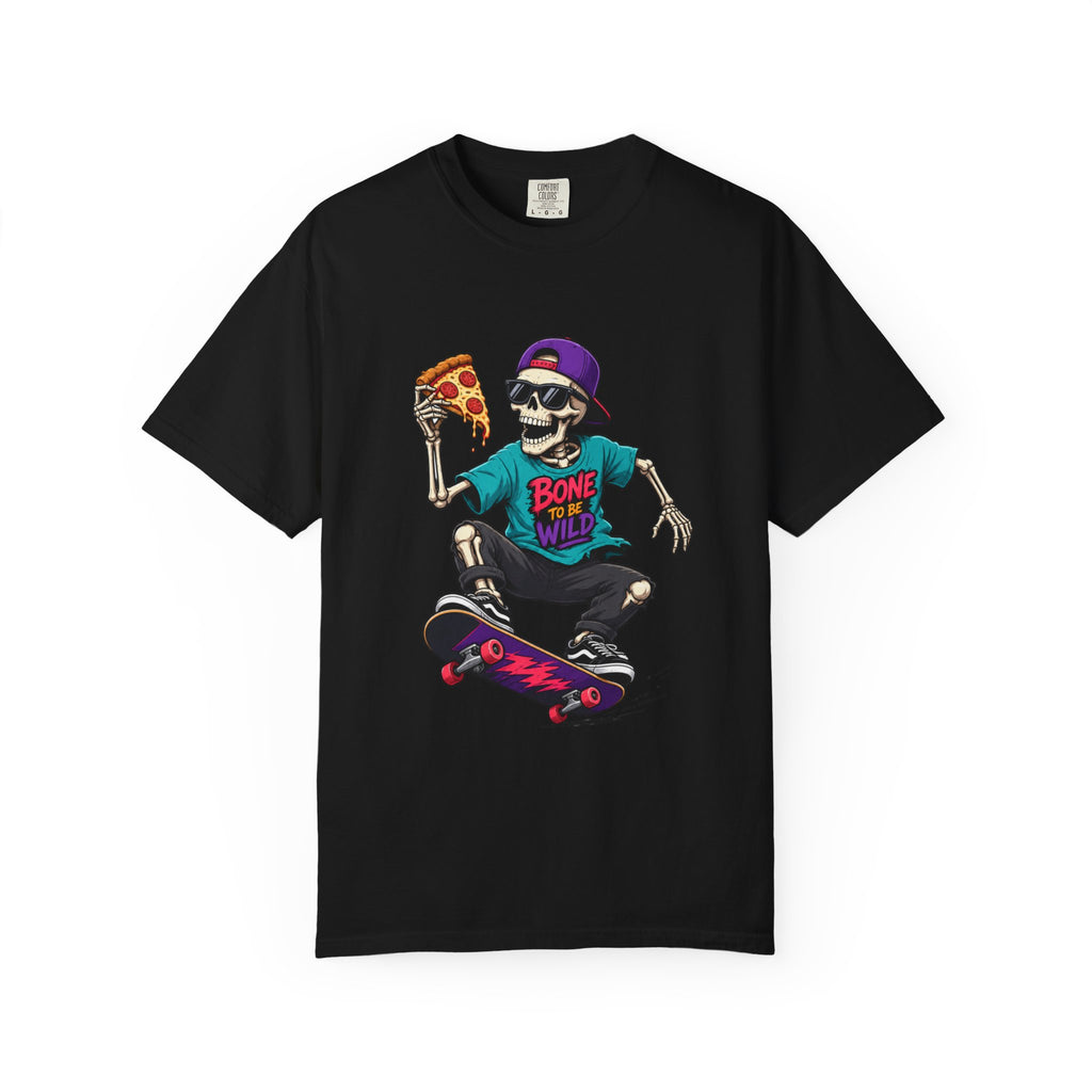 Skater Skeleton Pizza T-Shirt — "Bone to Be Wild" Graphic Tee