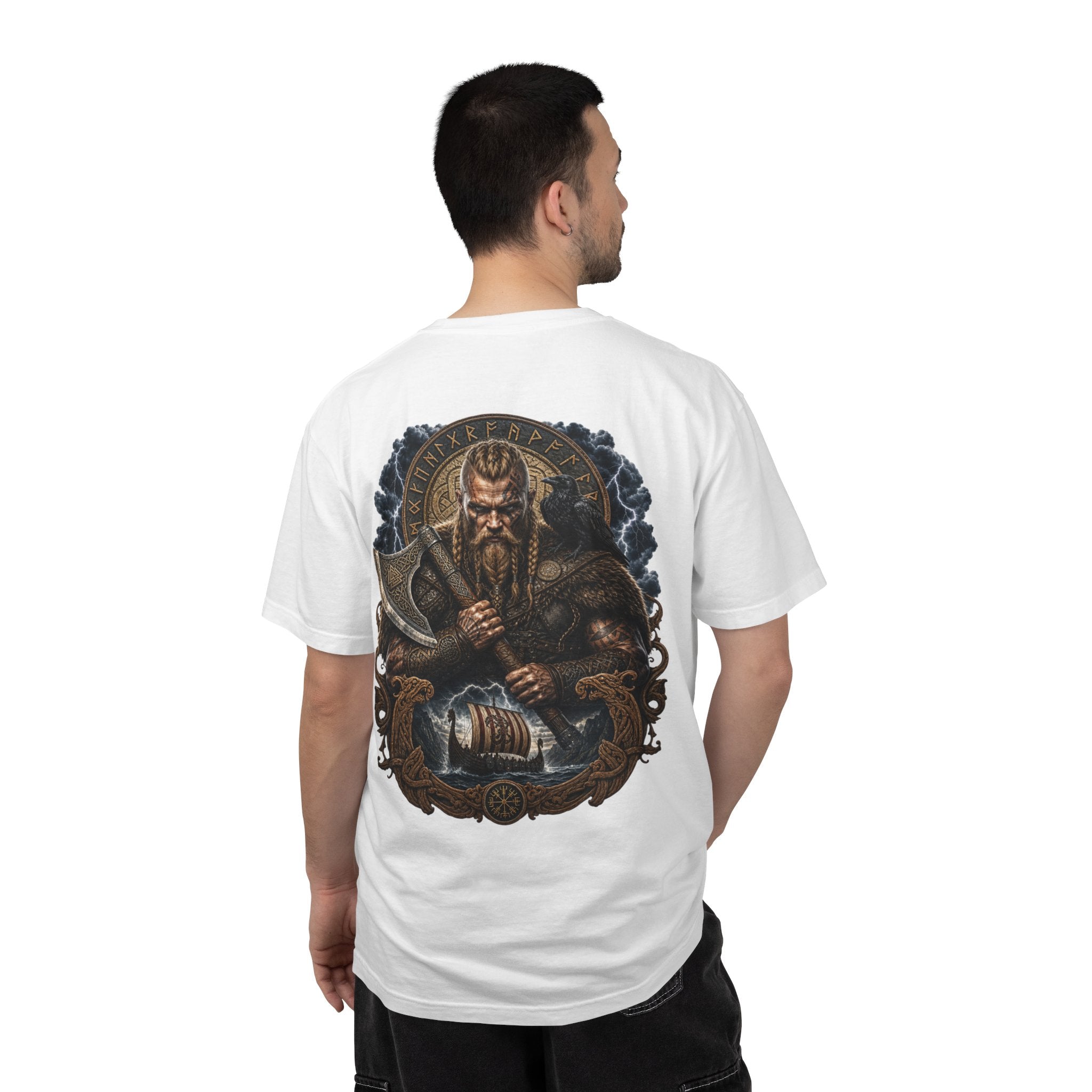 Viking Longship & Warrior T-Shirt — Norse Axe Mythology Graphic Tee