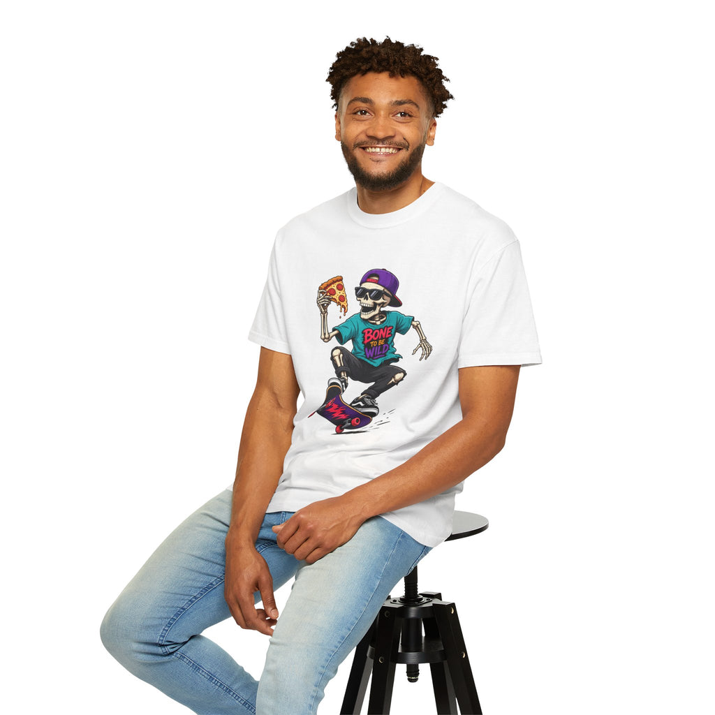 Skater Skeleton Pizza T-Shirt — "Bone to Be Wild" Graphic Tee