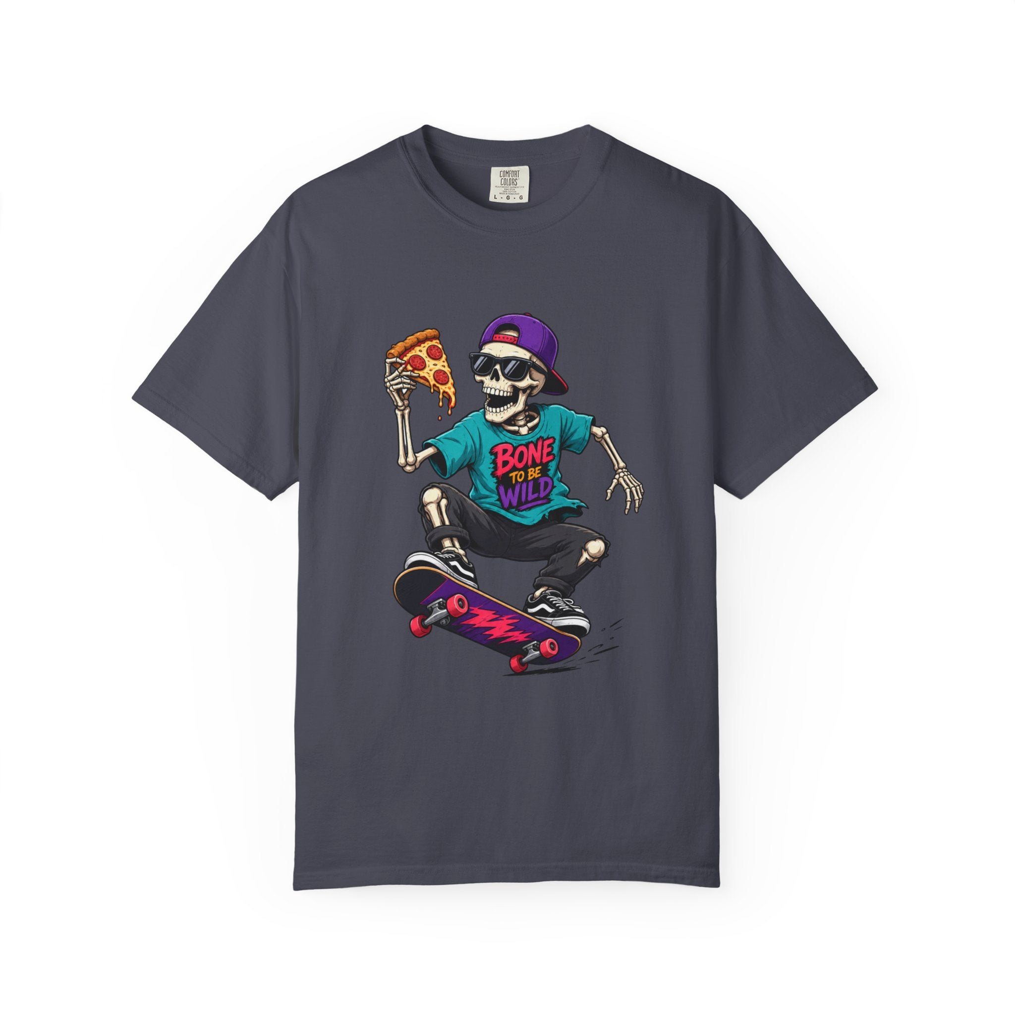 Skater Skeleton Pizza T-Shirt — "Bone to Be Wild" Graphic Tee