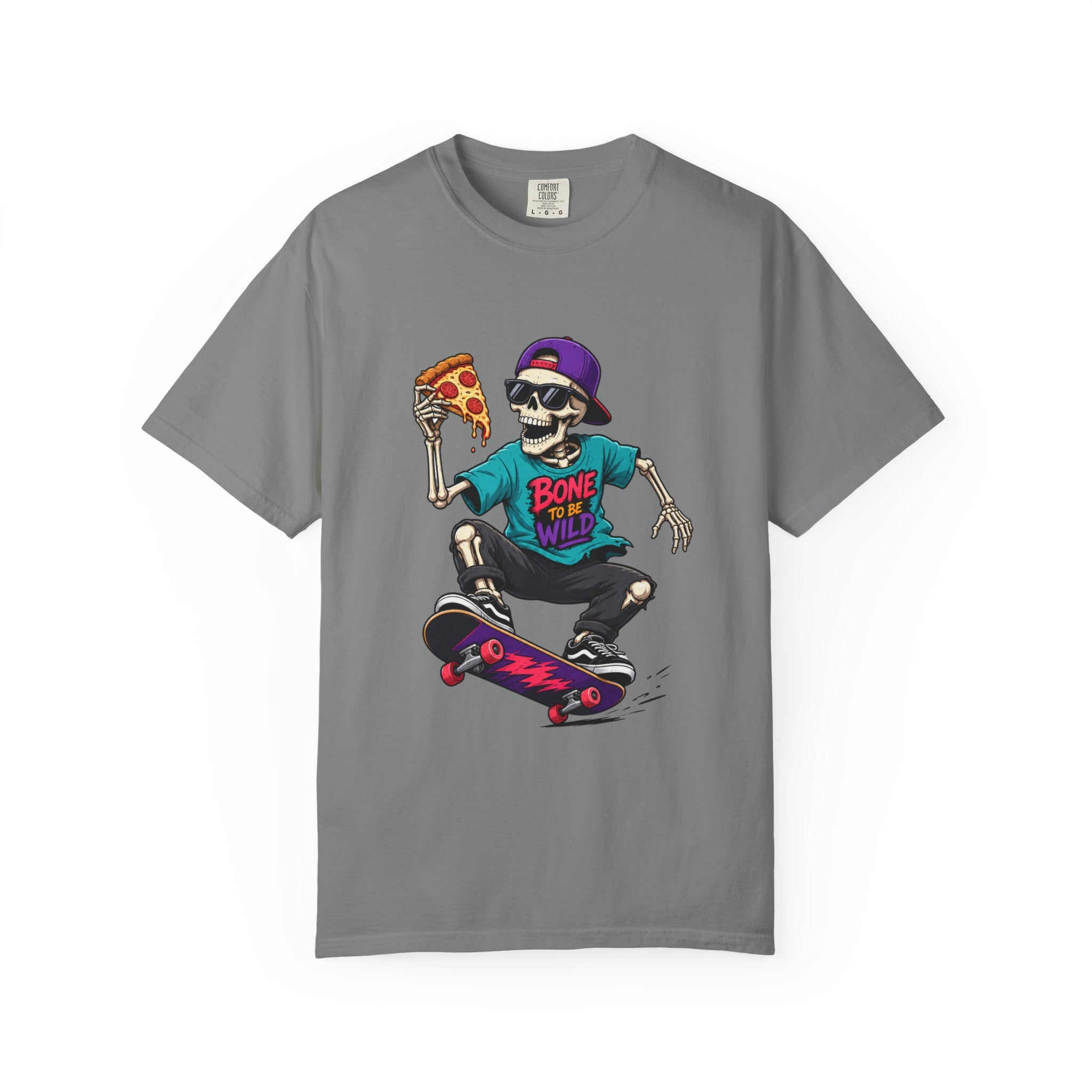 Skater Skeleton Pizza T-Shirt — "Bone to Be Wild" Graphic Tee