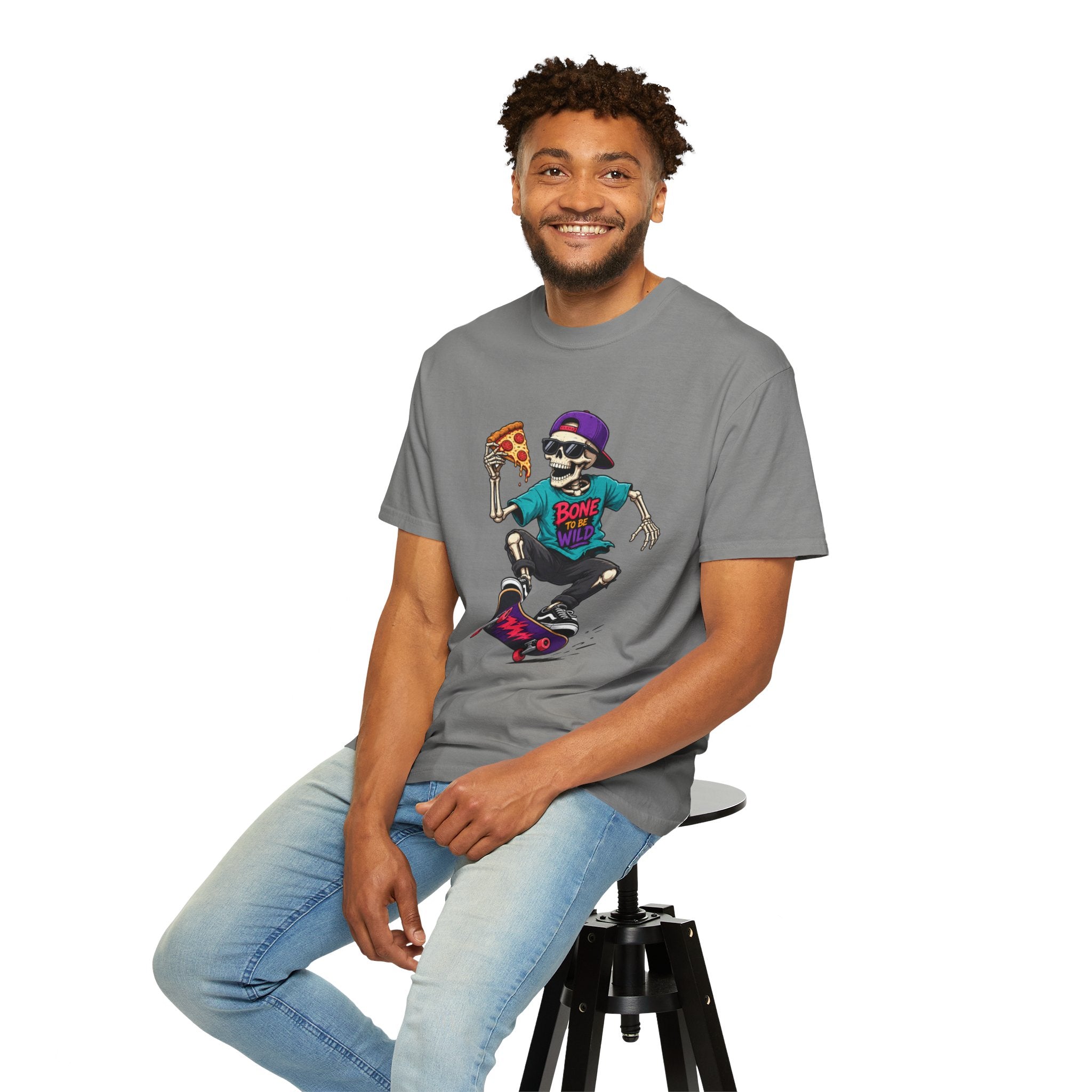 Skater Skeleton Pizza T-Shirt — "Bone to Be Wild" Graphic Tee