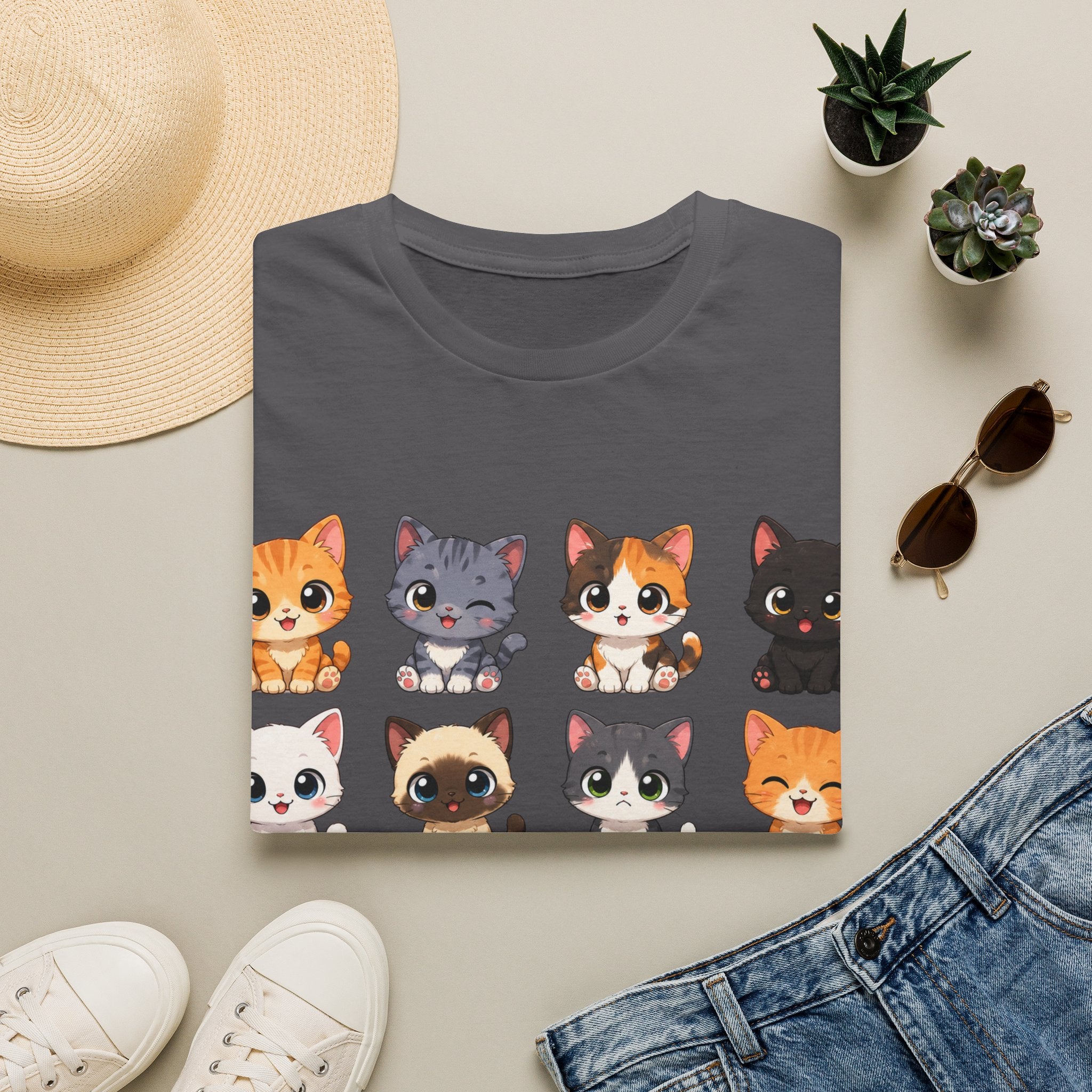 Cute Kitty Grid T-Shirt — Adorable Cartoon Cat Faces