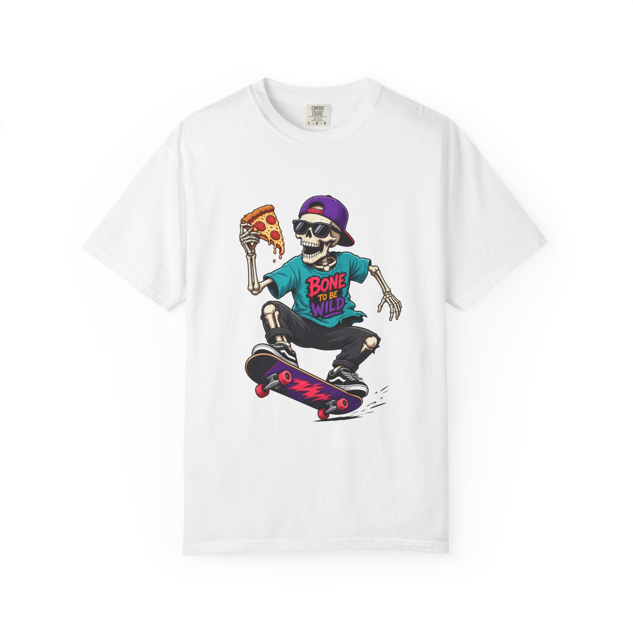 Skater Skeleton Pizza T-Shirt — "Bone to Be Wild" Graphic Tee
