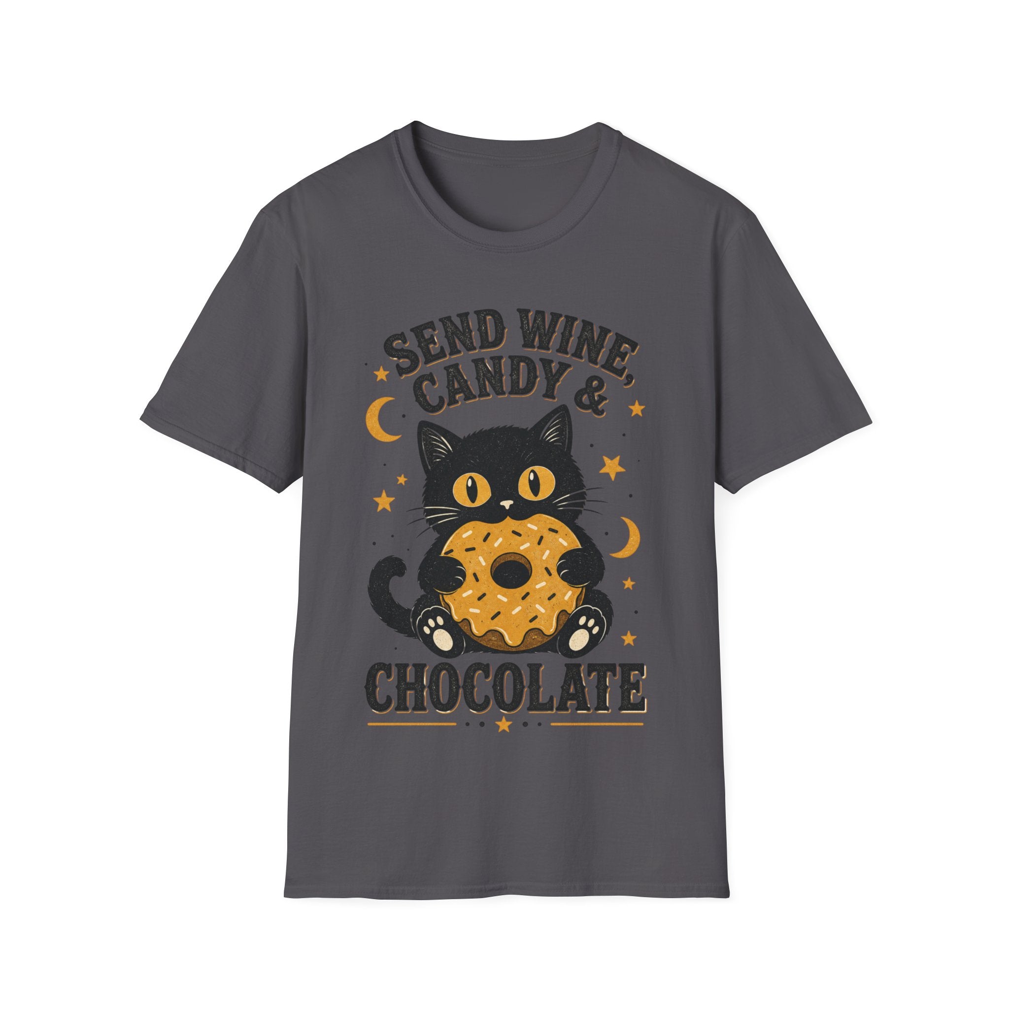 T‑Shirt — "Send Wine, Candy & Chocolate" Black Cat Halloween Graphic Tee
