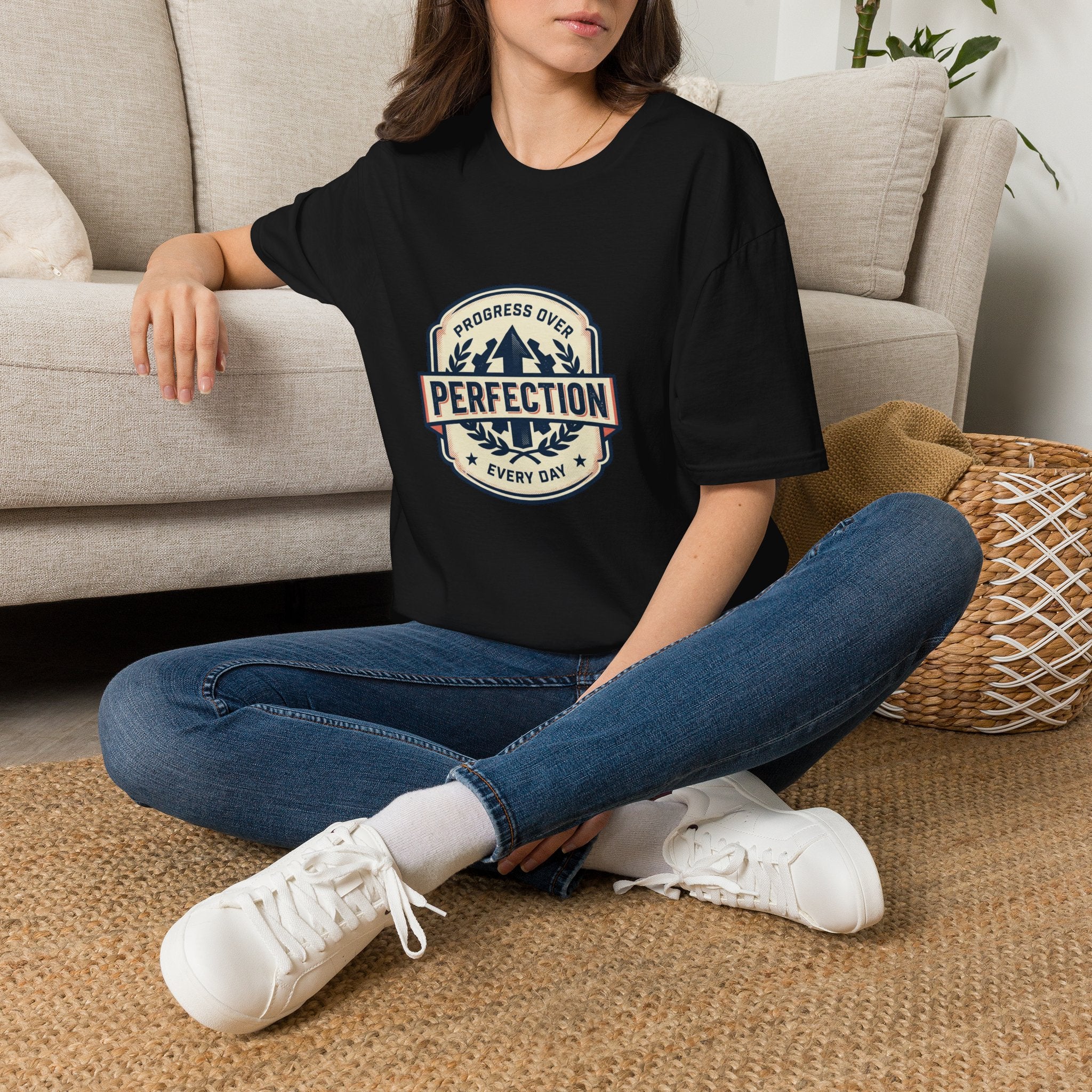 T-Shirt- Progress Over Perfection  Motivational Badge Graphic