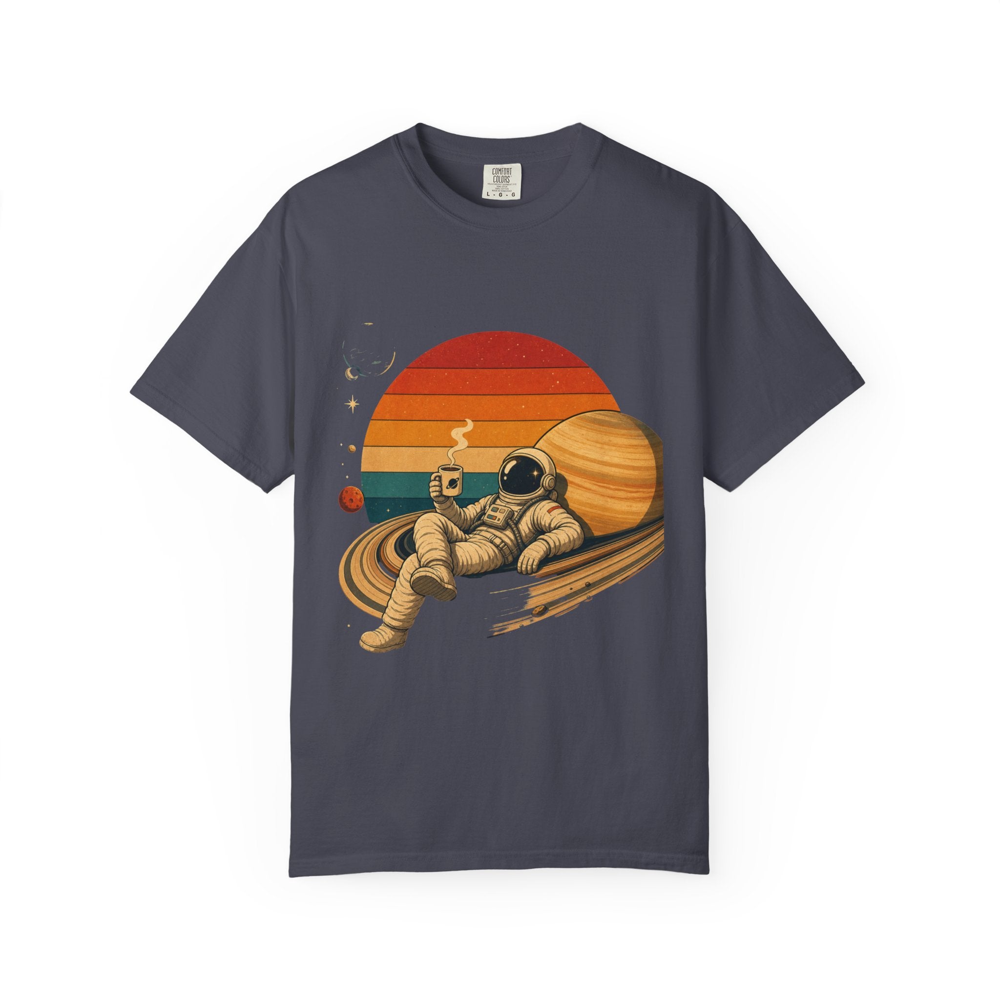 Astronaut Relaxing on Saturn T-Shirt — Retro Sunset Space Tee
