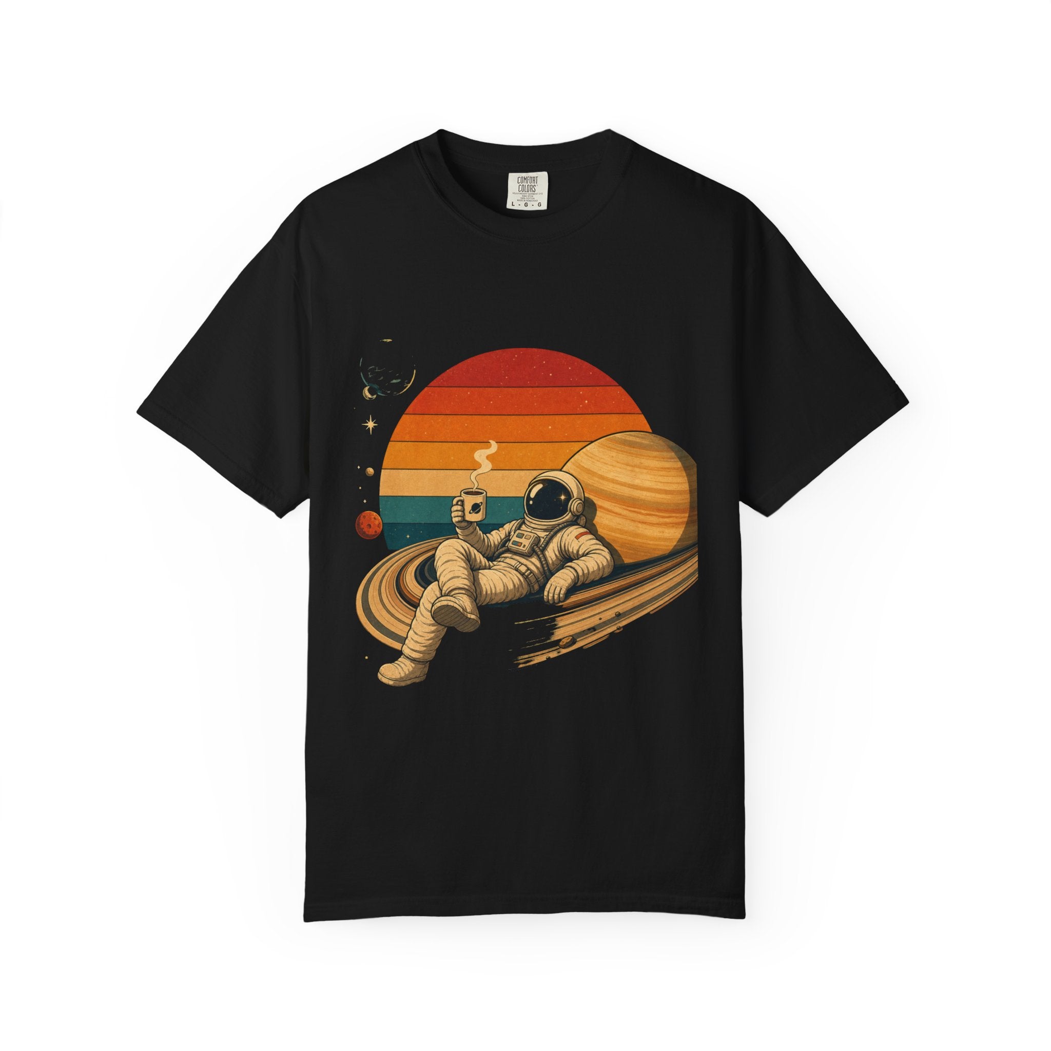 Astronaut Relaxing on Saturn T-Shirt — Retro Sunset Space Tee