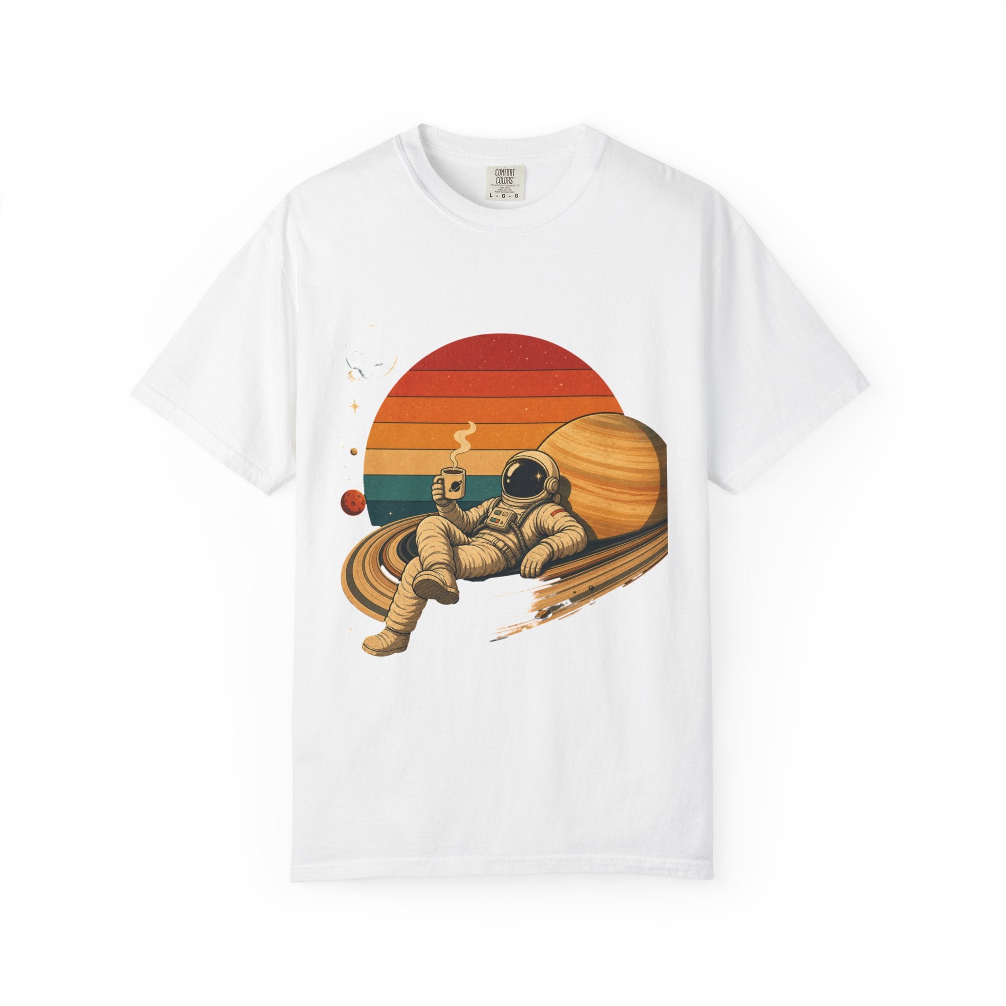 Astronaut Relaxing on Saturn T-Shirt — Retro Sunset Space Tee