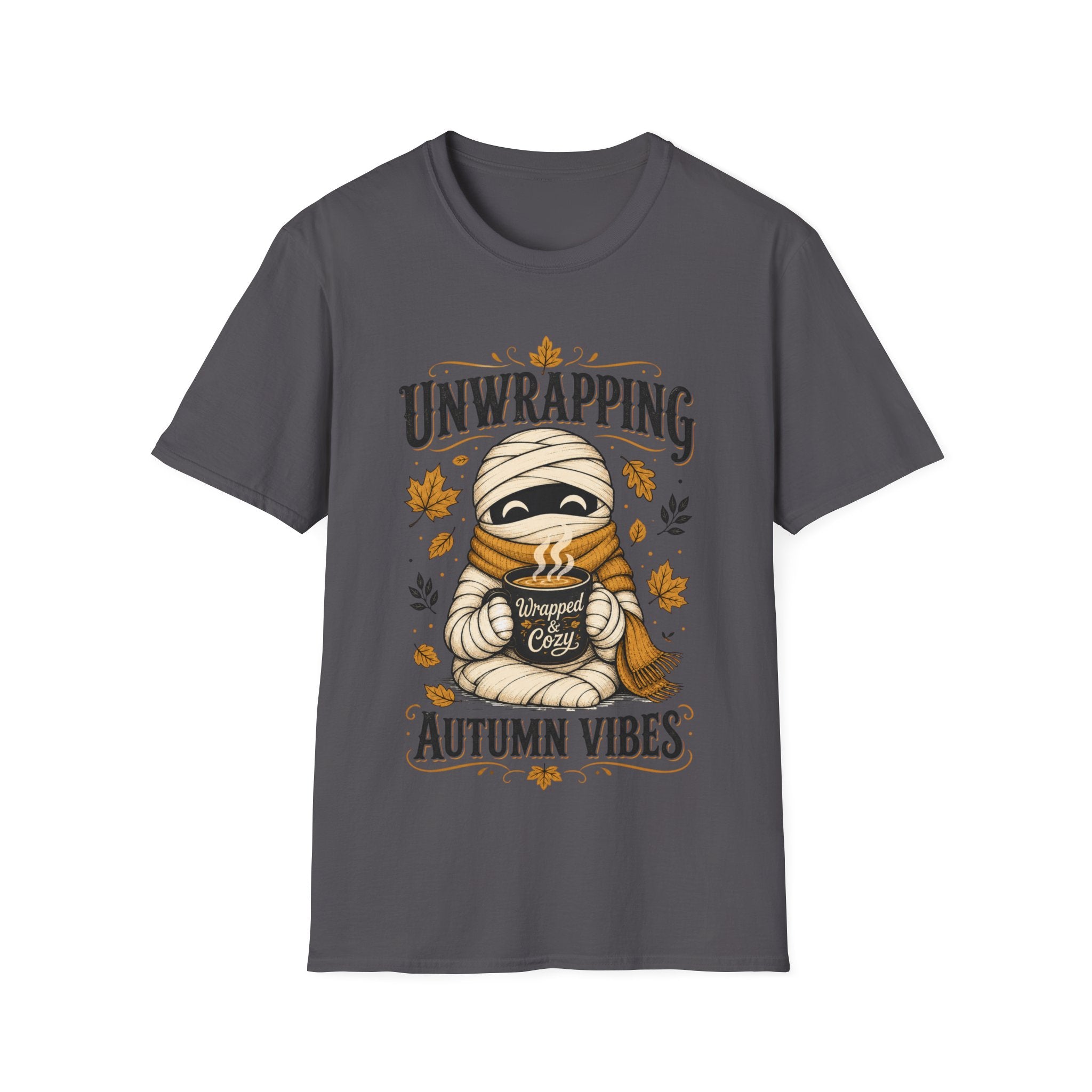 Halloween Unwrapping Autumn Vibes T-Shirt — Cute Mummy Pumpkin Fall Tee