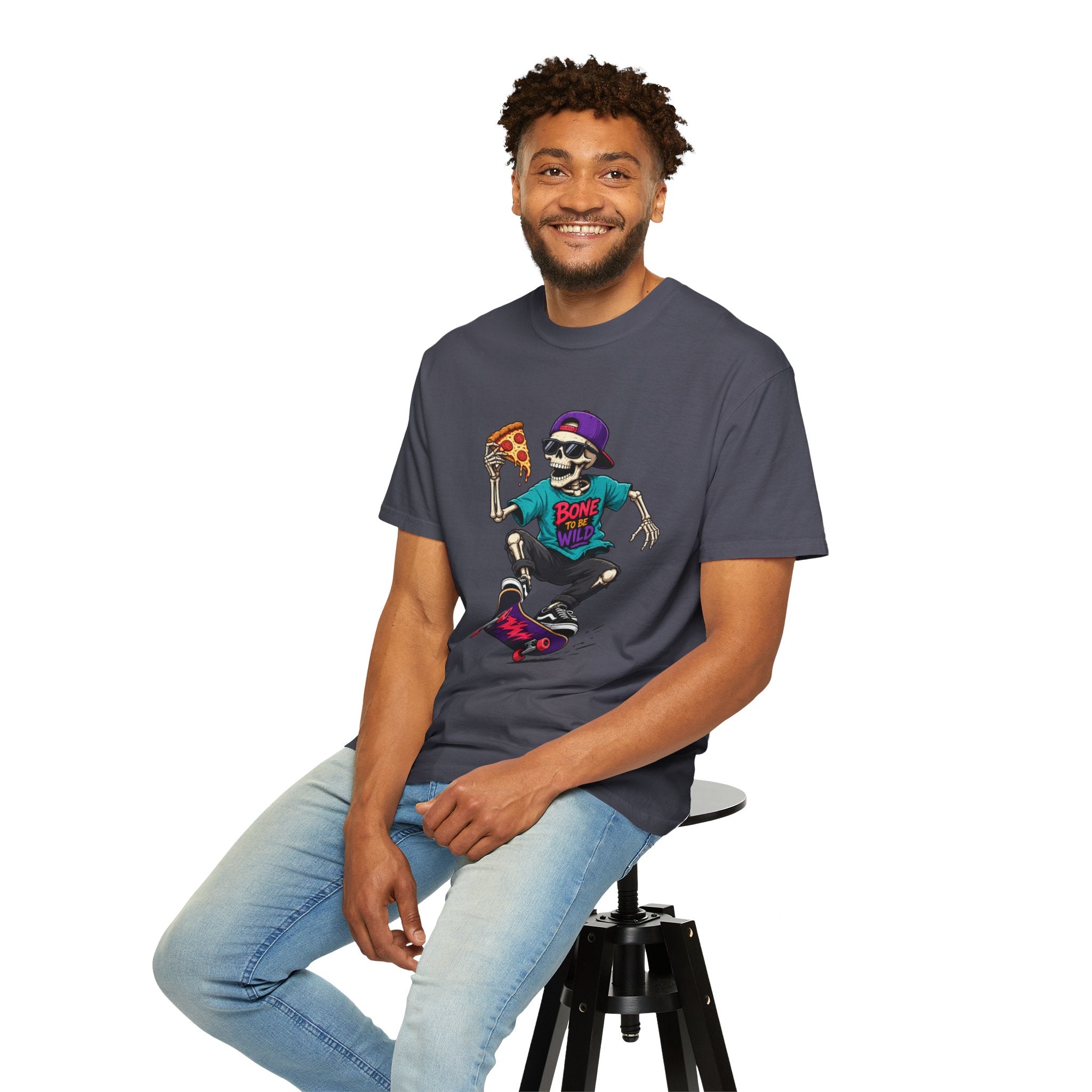 Skater Skeleton Pizza T-Shirt — "Bone to Be Wild" Graphic Tee