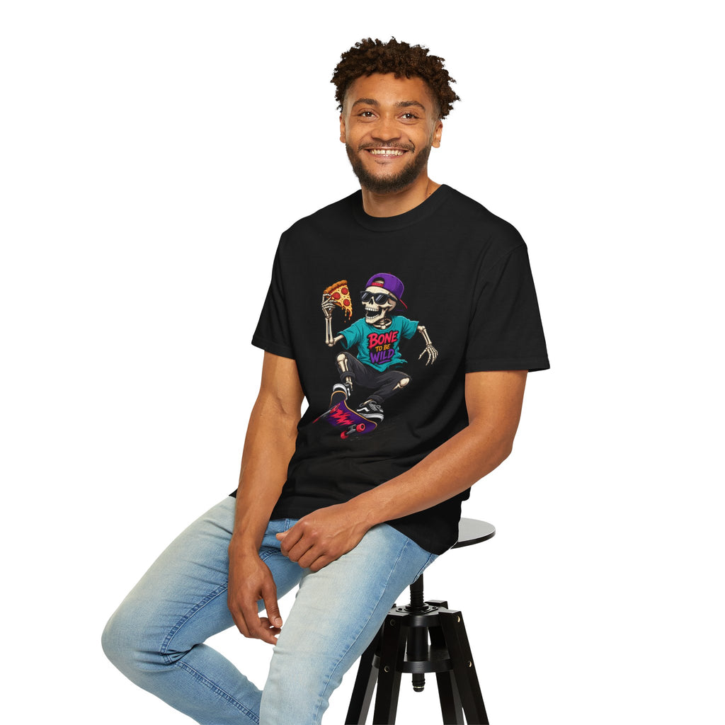Skater Skeleton Pizza T-Shirt — "Bone to Be Wild" Graphic Tee